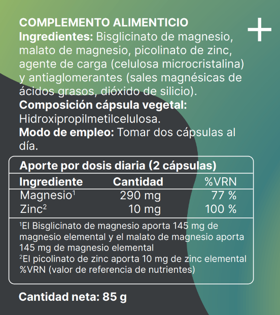 Etiqueta de Amazinc de EterVital, magnesio y zinc